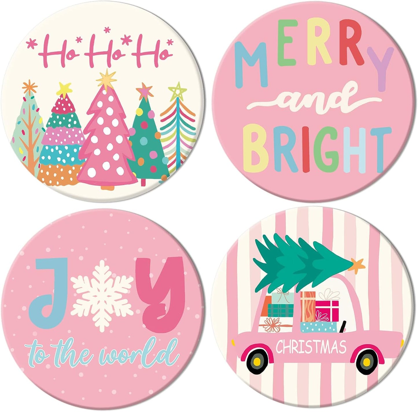 JarThenaAMCS 4Pcs Pink Christmas Cartoon Coasters Winter Snowflake Xmas Tree Truck Ceramic Coasters Absorbent Cup Mat for Mug Cup Home Kitchen Office Party Table Decor