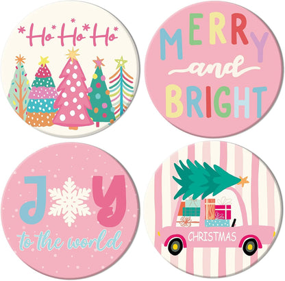JarThenaAMCS 4Pcs Pink Christmas Cartoon Coasters Winter Snowflake Xmas Tree Truck Ceramic Coasters Absorbent Cup Mat for Mug Cup Home Kitchen Office Party Table Decor