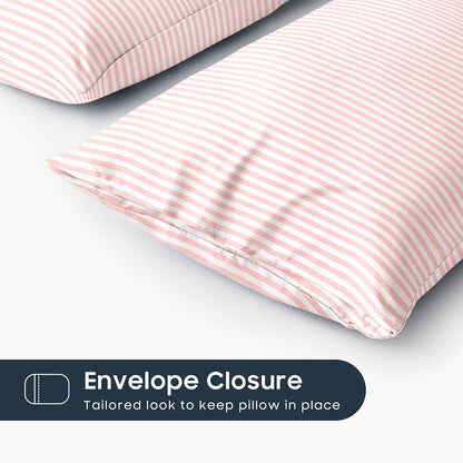 Wake In Cloud - Striped Pillow Cases, Ticking Vertical Pin Stripe Modern Farmhouse Pattern Printed, Set of 2 Soft Pillowcases Pillow Shams Covers, Pink White, Standard Size 20x26 Inches