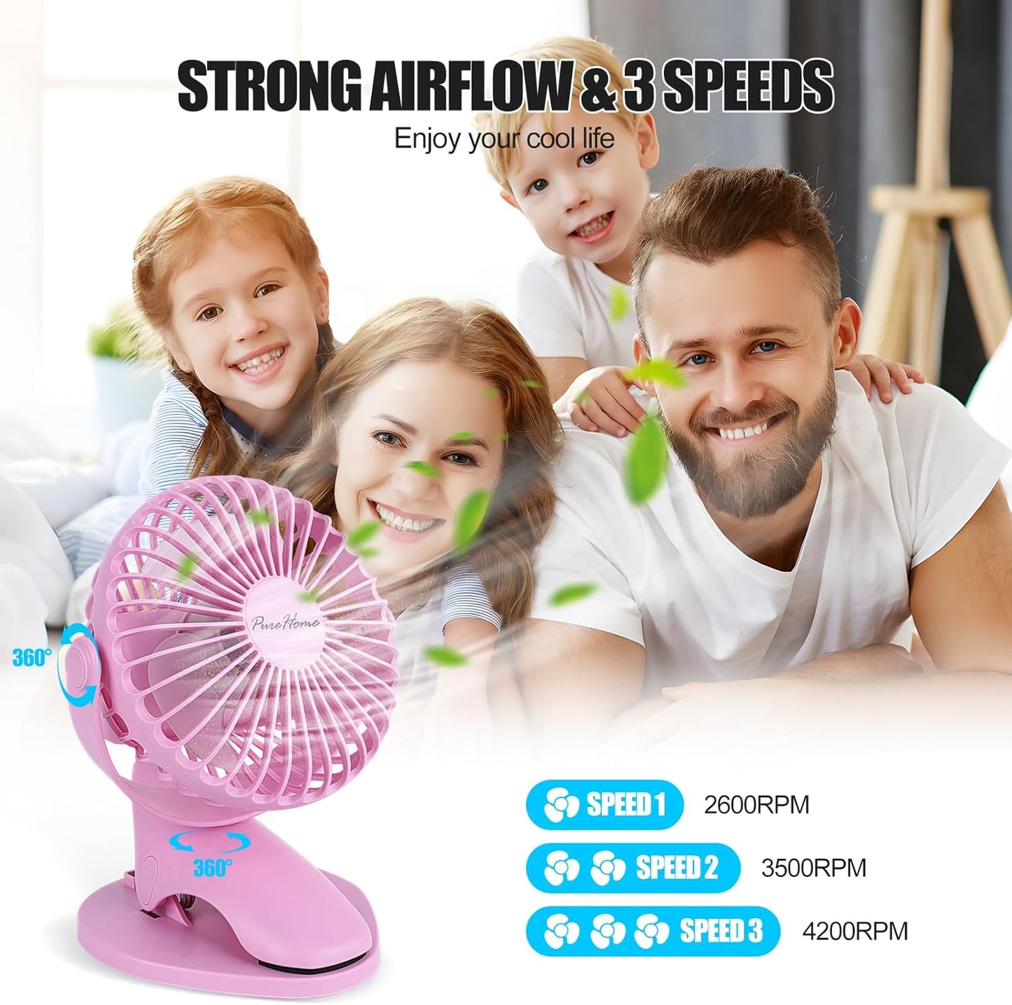 PureHome Portable Clip Fan Battery Operated,3 Speeds USB Rechargeable Mini Table Fan with Strong Airflow,360°Rotation Ultra Quiet Personal Desk Fan for Home Office Bedroom Dorm Stroller Camping- Pink