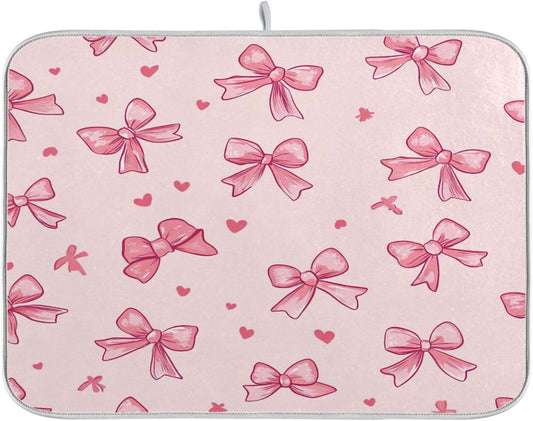 YETTASBIN Bow Pink Dish Drying Mat for Kitchen Counter, Super Absorbent Reversible Dish Drainer Rack Pad Coffee Bar Mat, 16 x 18 Inch