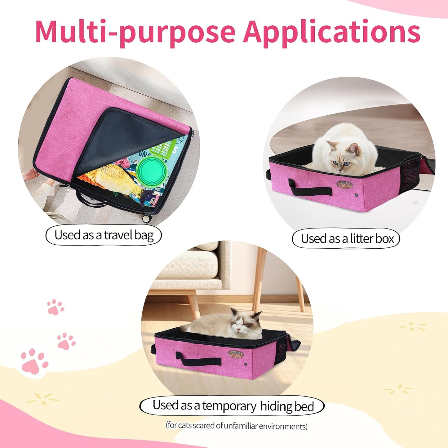 Deblue Portable Cat Travel Litter Box in Car, Collapsible Cat Litter Carrier with Lid, Waterproof Foldable Litter Box for Outdoor Fit for Large Cats, Leak-Proof, Sturdy, Lightweight-Pink