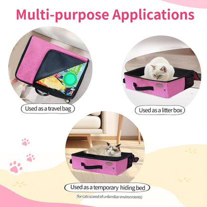 Deblue Portable Cat Travel Litter Box in Car, Collapsible Cat Litter Carrier with Lid, Waterproof Foldable Litter Box for Outdoor Fit for Large Cats, Leak-Proof, Sturdy, Lightweight-Pink