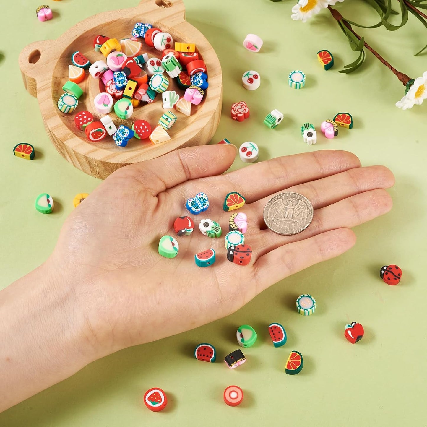 200pcs Polymer Clay Beads Fruit Flower Slice Heishi Beads for Jewelry Making Assorted Apple Peach Dasiy Handmade Spacer Loose Bulk for Spring Friendship Bracelets Keychain DIY