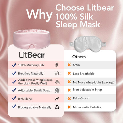 LitBear Silk Sleep Mask for Women, Adjustable 100% Mulberry Silk Sleeping Eye Mask for Side Sleeper, Total Blackout Eye Cover for All Night Sleep, Travel, Office, or Napping (Pink)