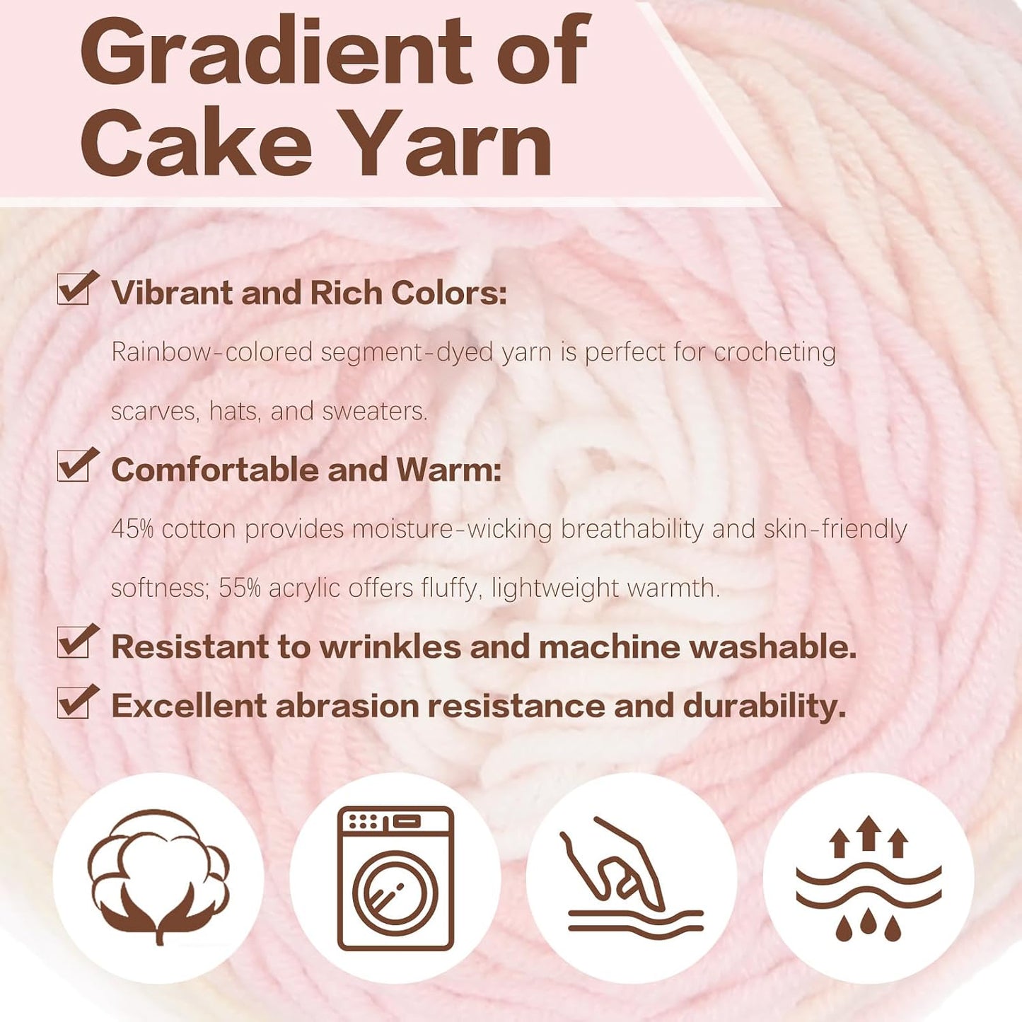 3 PCS Cake Yarn for Crocheting,100g Gradient Yarn for Making Colorful Crafts,Cotton and Acrylic Blended Crocheted Dolls, Scarves, Bags, Blankets and Other Handicrafts(Peach Blossoms)