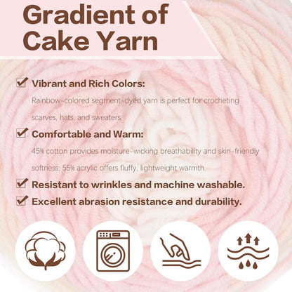 3 PCS Cake Yarn for Crocheting,100g Gradient Yarn for Making Colorful Crafts,Cotton and Acrylic Blended Crocheted Dolls, Scarves, Bags, Blankets and Other Handicrafts(Peach Blossoms)