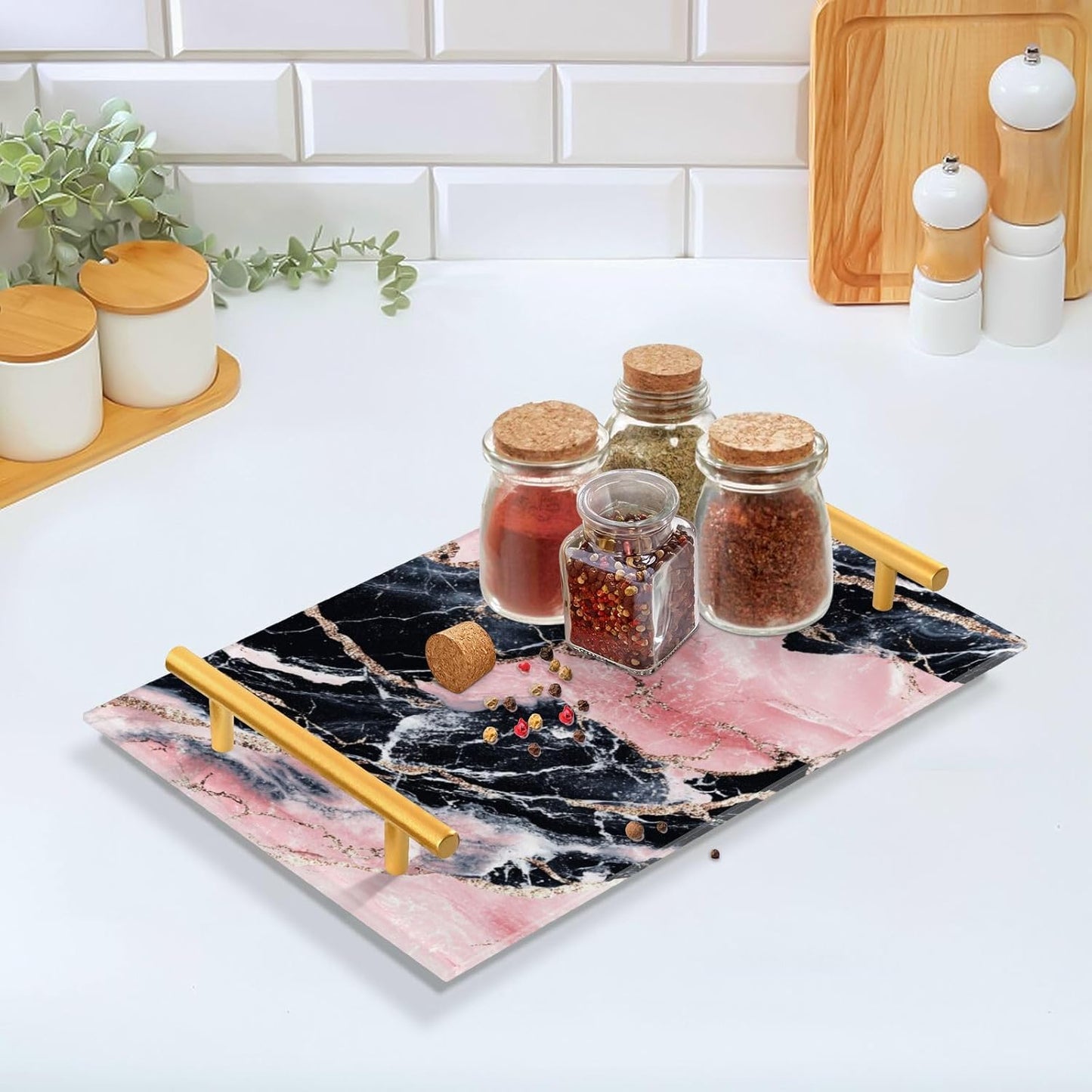Peach and Black Marble Texture Decorative Serving Tray with Handles Plastic Serving Trays for Jewelry Perfume for Bed Serving bandejas decorativas para el Cafe