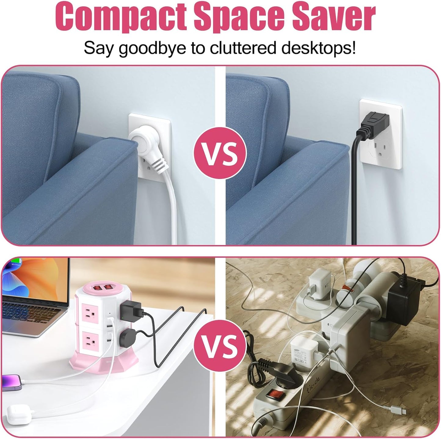 Pink Tower Power Strip with Overload Protection | HITRENDS 8 AC Outlets + 4 USB Ports | 16AWG/ 6.5Ft Extension Cord with Multiple Outlets | Space-Saving Design for Office & Home(1250W, 1050J)