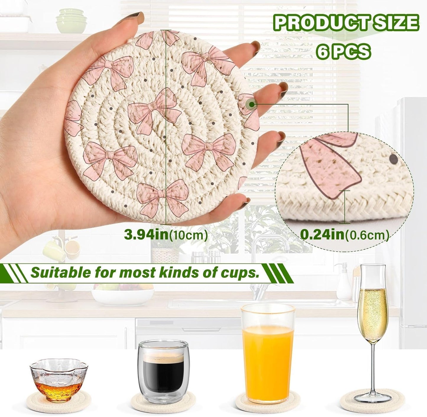 6 Pcs Bows Light Pink Drink Coasters with Holder,Round Woven Coaster Set Absorbent Coasters for Tabletop Protection Table Home Decor, 4 Inch