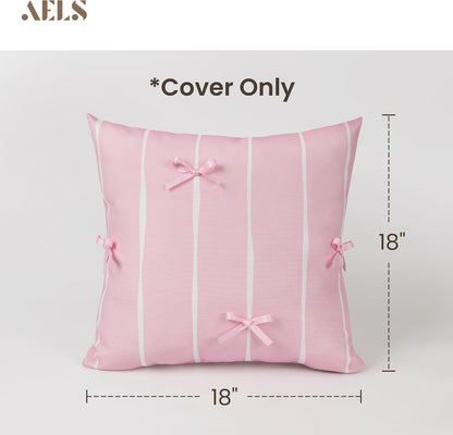 AELS Pink Bow Striped Decorative Valentine Throw Pillow Covers 18x18, Set of 2, Bowknot Pillow Case, Cute Cushion Case for Bed Couch Sofa, Pink and White Stripes, Covers Only