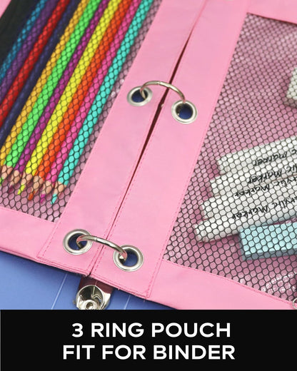3 Ring Binder Pencil Pouch - Oxford Fabric Pencil Case with 2 Zippered Pockets, Clear Mesh Window Pencil Bag, B5 Size for Office & Travel Supplies (Pink)