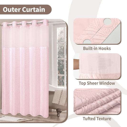 eachope no Hook Shower Curtain and Liner Set，Boho Style with See Through Top Window, Pink Fabric Tufted Striped Textured Outer Curtain & Waterproof Inner Liner, Pink, 71Wx74H
