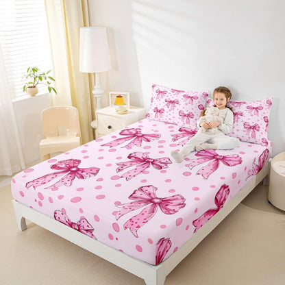 Erosebridal Pink Princess Bow Bed Sheets Full Cute Coquette Bowknot Sheet Set Kawaii Ribbon Bow Bedding Set for Kids Girls Teen,Pink Watercolor Polka Dot Fitted Flat Sheets 4 Piece