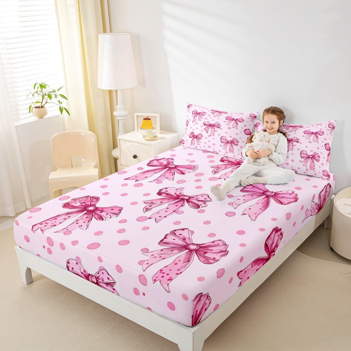 Erosebridal Pink Princess Bow Fitted Sheet Twin Cute Coquette Bowknot Bed Sheets Kawaii Ribbon Bow Bedding Set for Kids Girls Teen Women,Pink Watercolor Polka Dot Bed Cover 2 Pcs