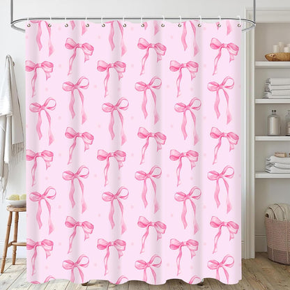 Pink Shower Curtain with Bows Shower Curtain Set, Waterproof Cloth Pink Bow Bathtub Shower Curtains with Hooks, Cute Bow Bathroom Decor Coquette Bath Curtains Girly Shower Decoration for Women 72x72"