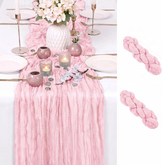 2 Pack Pink Cheesecloth Table Runner 17x108 Inch Boho Rustic Semi Sheer Gauze Cheese Cloth Table Runner for Wedding Bridal Shower Baby Shower Party Farmhouse Dining Table Decor