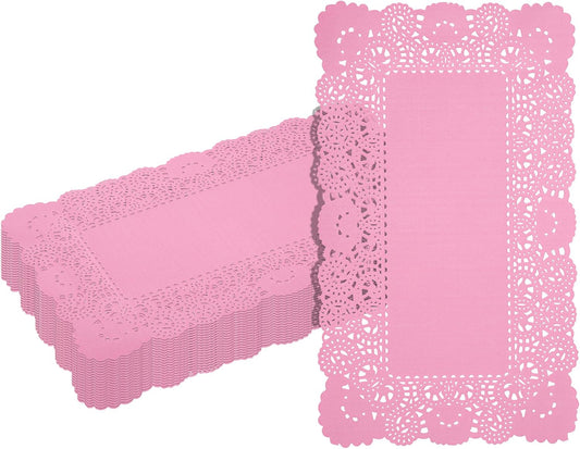 Restaurantware-Pastry Tek 12 x 7 Inch Paper Lace Doilies, 100 Rectangle Disposable Table Doilies - Elegant Lace Finish, Long Lasting, Pink Paper Lace Doilies, for Pastries, Cupcakes, Desserts
