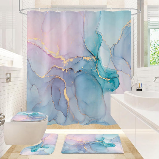 Gibelle 4 Pcs Bathroom Shower Curtain Set with Non-Slip Rugs, Toilet Lid Cover and Bath Mat, Blue Pink Marble Bathroom Decor Set with Shower Curtain and Rugs and Accessories