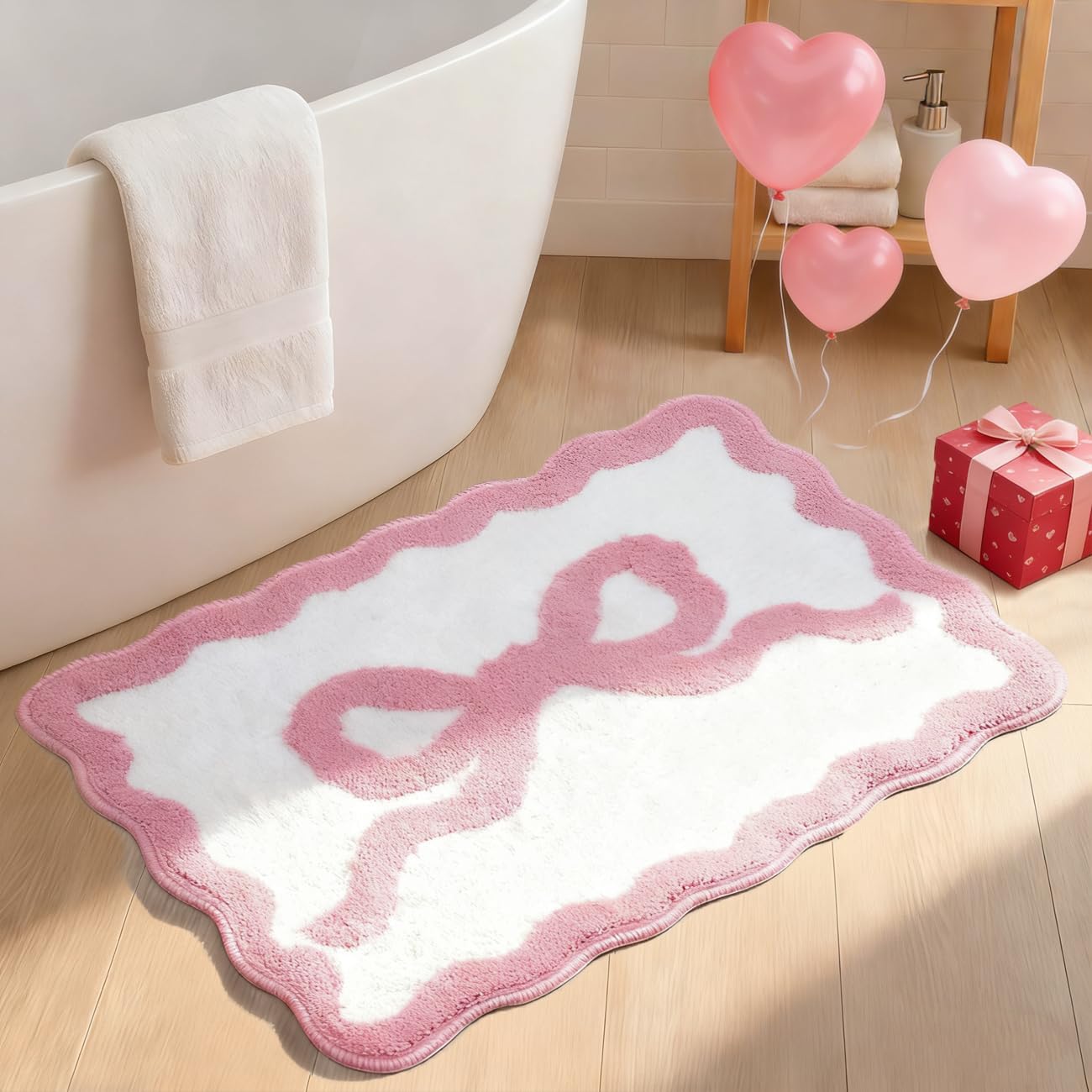 Pink Bow Bath Mat - Scalloped Bow Bathroom Rug Coquette Room Decor Microfiber Bath Mat Water Absorbent Non Slip Shower Carpet Valentines Day Girls Bedroom Aesthetic Preppy Rug (Pink, 24" x 35")