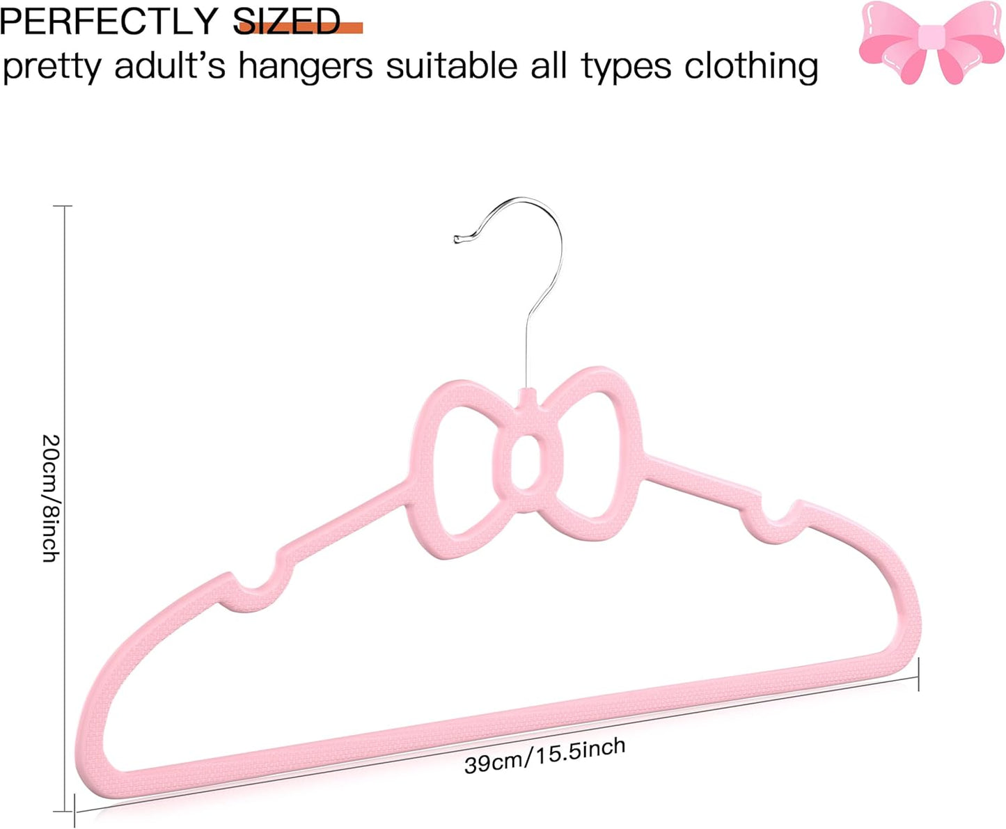 15.5 Inch Kids Butterfly Bow Hangers 60 Pack, Durable Big Kid Hangers for Youth, Teen and Petite Woman, Plastic Kids Hanger, Cute Childrens Hanger for Closet, Pink