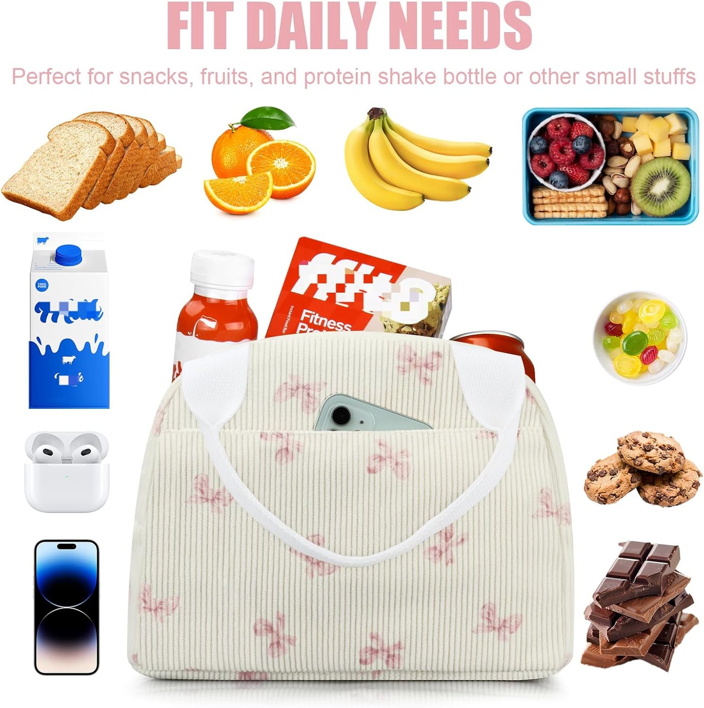 BuyCard Insulated Lunch Bag for Women, Reusable Corduroy Cute Lunch Box, Leakproof Floral Lunch Tote Bag with Large Capacity, Small Cooler Lunch Container for Work Office Travel Picnic (Beige Bow)