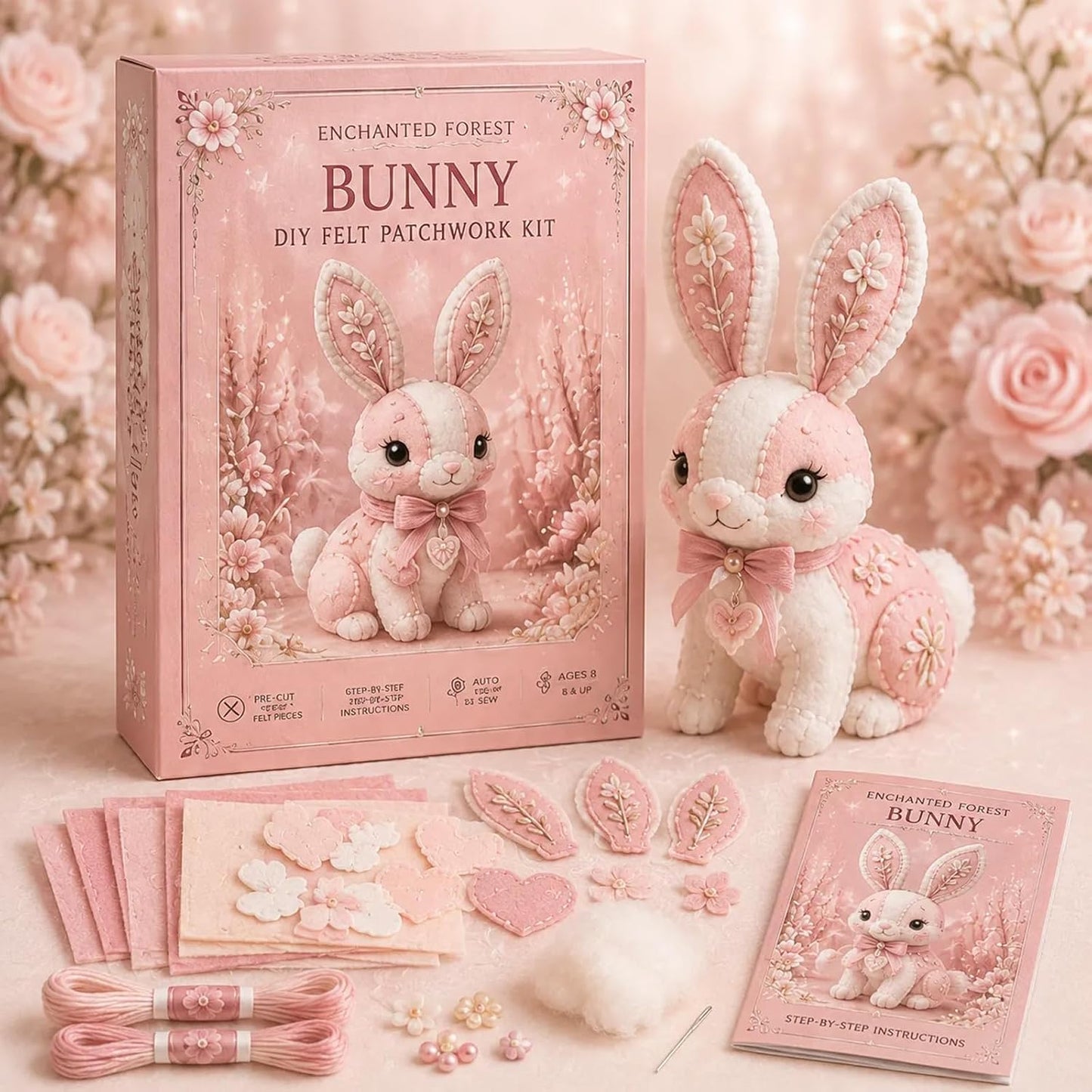Pink Woodland Friends DIY Felt Patchwork Kit, Pastoral Wild Creatures Handicraft Activity, Manual Tailoring Bundle, Textile Hobby, DIY Fabric Animal, Unique Roseate Doll Ornament (Blush Deer)