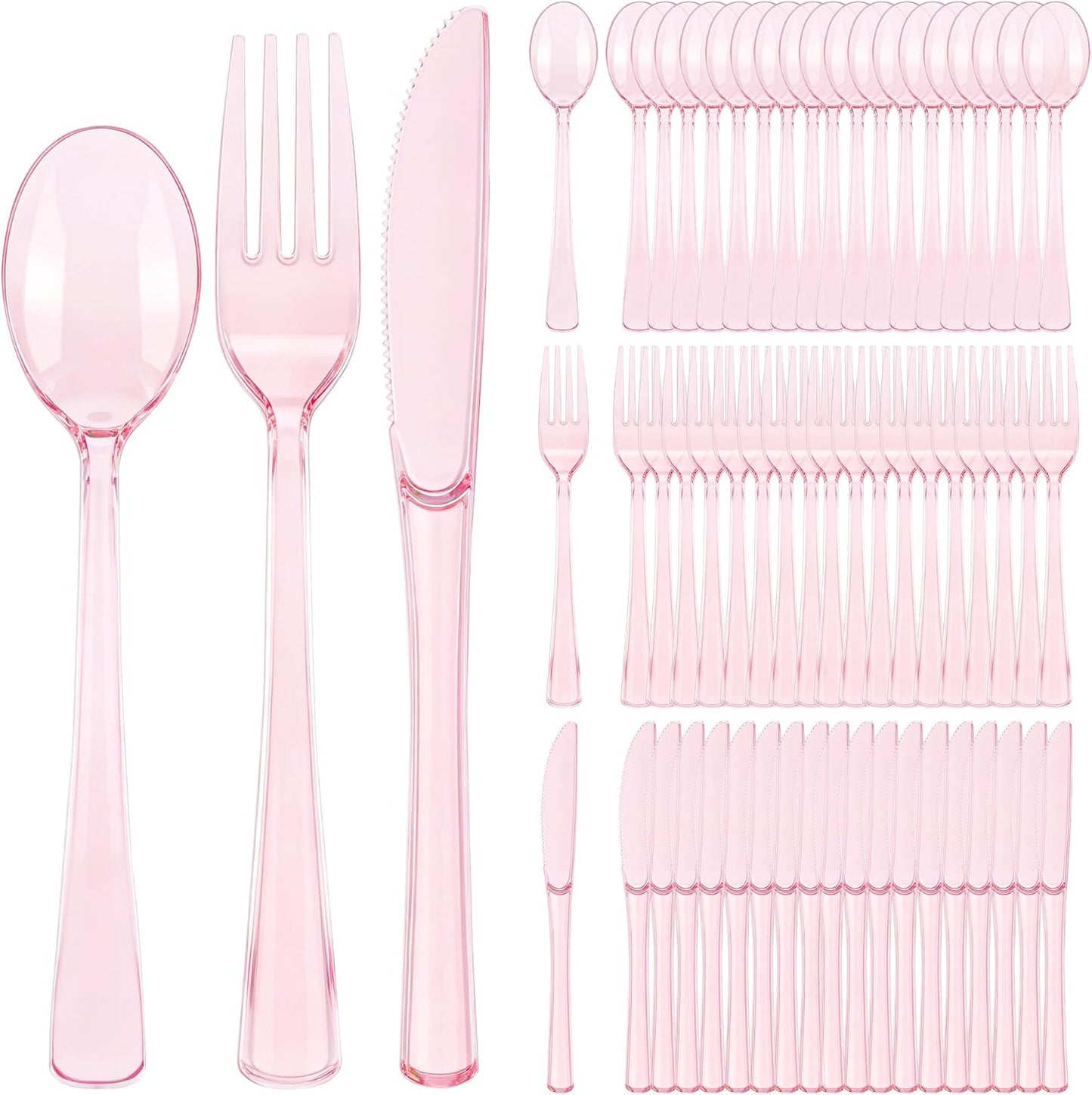 Kochorie 300 Piece Disposable Clear Pink Utensil Set Plastic Silverware Heavy Duty Cutlery Set Serves 100 Guests Forks Knives Spoons for Home Wedding Birthday Party Picnics Bride Shower Outdoor Events