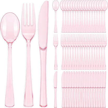 Kochorie 300 Piece Disposable Clear Pink Utensil Set Plastic Silverware Heavy Duty Cutlery Set Serves 100 Guests Forks Knives Spoons for Home Wedding Birthday Party Picnics Bride Shower Outdoor Events