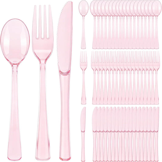 Kochorie 300 Piece Disposable Clear Pink Utensil Set Plastic Silverware Heavy Duty Cutlery Set Serves 100 Guests Forks Knives Spoons for Home Wedding Birthday Party Picnics Bride Shower Outdoor Events