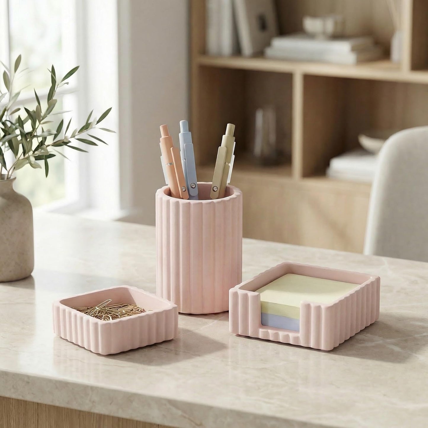 KIBAGA Modern Aesthetic Desk Accessories Set of 3 - Stylish Pink Concrete Organizers for Pens & Office Supplies - A Cute and Functional Addition to Your Workspace Decor
