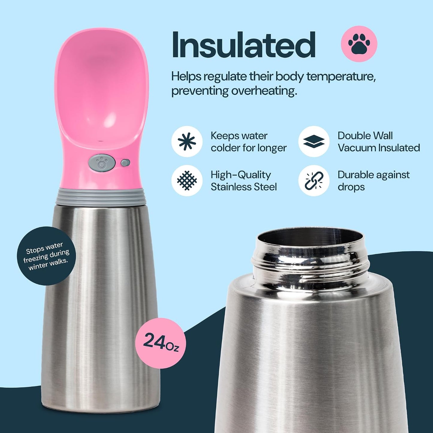 MalsiPree Insulated Dog Water Bottle - 24 Oz, Pink - Leak-Proof Stainless Steel Portable Travel Dispenser & Bowl for Trail Hiking, Park Visit, Camping & Beach Days