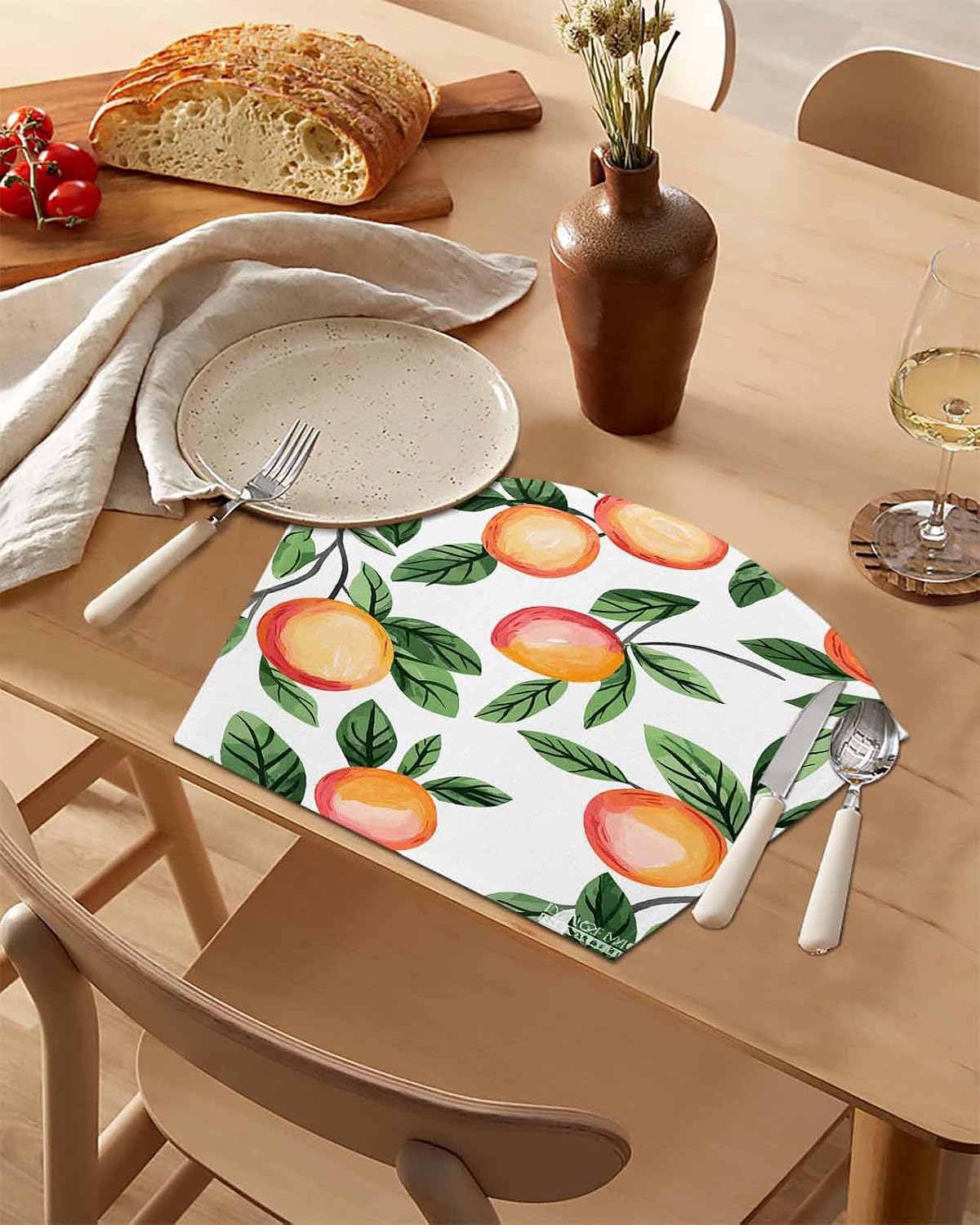 Round Table Placemat Wedge Placemats Set of 6,Spring Summer Country Peach on White Placemat Washable Table Mats,Farmhouse Green Leaves Fan Shaped Place Mats for Kitchen Dinner Party Decor