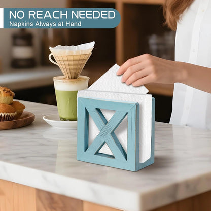 MAONAME Farmhouse Wooden Napkin Holder for Tables, Square Napkins Dispenser, Rustic Wood Guest Towel Holder Tray for Bathroom, Dinner Napkin Holders for Kitchen, Ocean Blue