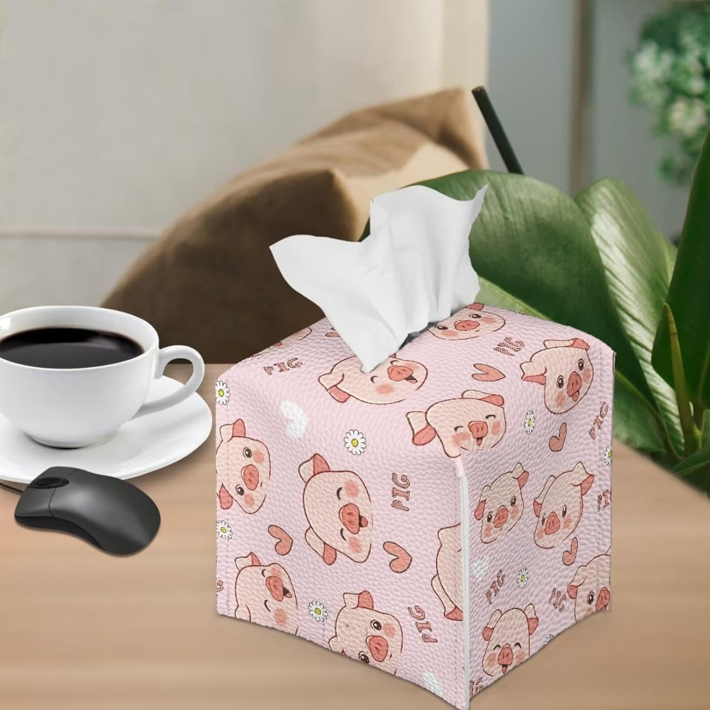 Modern PU Leather Tissue Cube Holder Hearts Pig Tissue Box Cover for Living Room Bedroom Print Square Tissue Box Holder Pink Desk Nightstand Facial Paper Organizer Home Decor