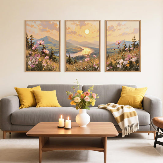 LHIUEM Large Boho Sunset Wildflower Framed Canvas Wall Art,Nature Pink Flower Wall Decor,Blossom Botanical Mountain Landscape Artwork for Living Room,Bedroom,Dining Room,Office -16"x24"x3