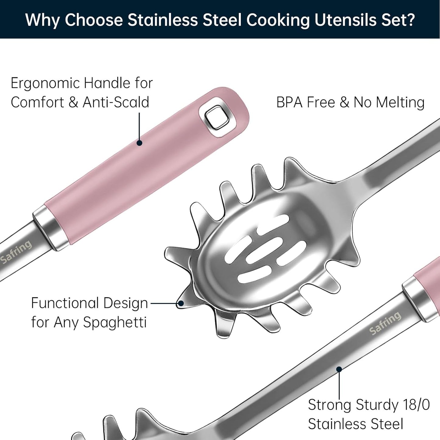 Safring Stainless Steel Soup Ladle and Spaghetti Spoon Set, Heat Resistant Rubber Handle, Dishwasher Safe, Kitchen Utensils for Cooking, Stirring, Serving Pasta, Soup & Sauce (Pink)