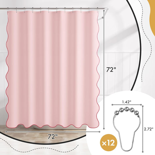 Bathway Pink Scalloped Shower Curtain with 12 Metal Hooks, Cute Heavy Duty Washable Curtains for Bathroom Hotel Bathtub, Water Repellent, 72 x 72 Inches