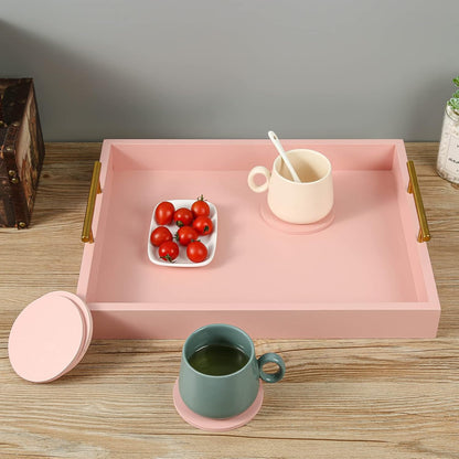 Serving Tray 16.5“X 13“ Deluxe Wooden Ottoman Tray, Food Tray for Eating, Dinner Trays for Eating on Couch Coffee Table with Polished Gold Metal Handles-4 Round Coasters Included（Pink）