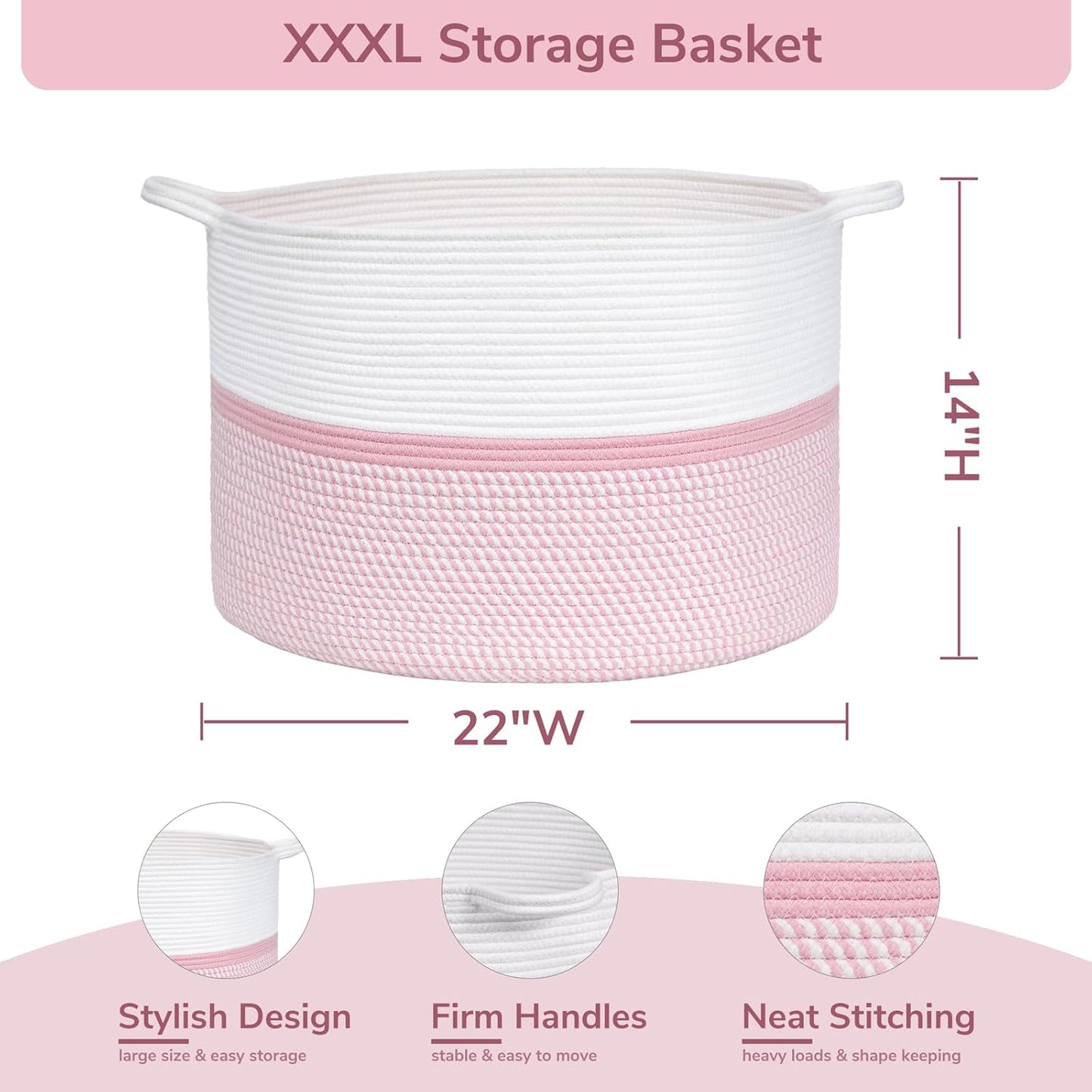 CHICVITA Extra Large Cotton Rope Woven Basket, XXL Throw Blanket Storage Basket with Handles, Pink Decorative Clothes Hamper Laundry Hamper - 22" x 22" x 14"