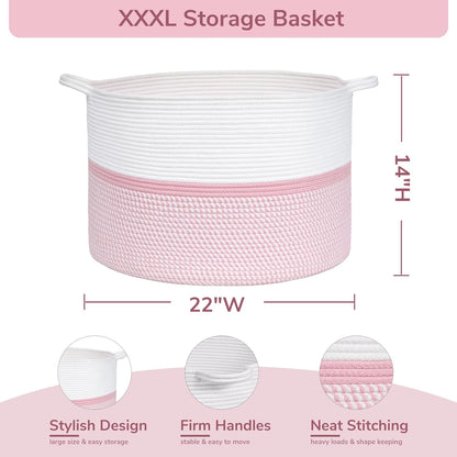 CHICVITA Extra Large Cotton Rope Woven Basket, XXL Throw Blanket Storage Basket with Handles, Pink Decorative Clothes Hamper Laundry Hamper - 22" x 22" x 14"