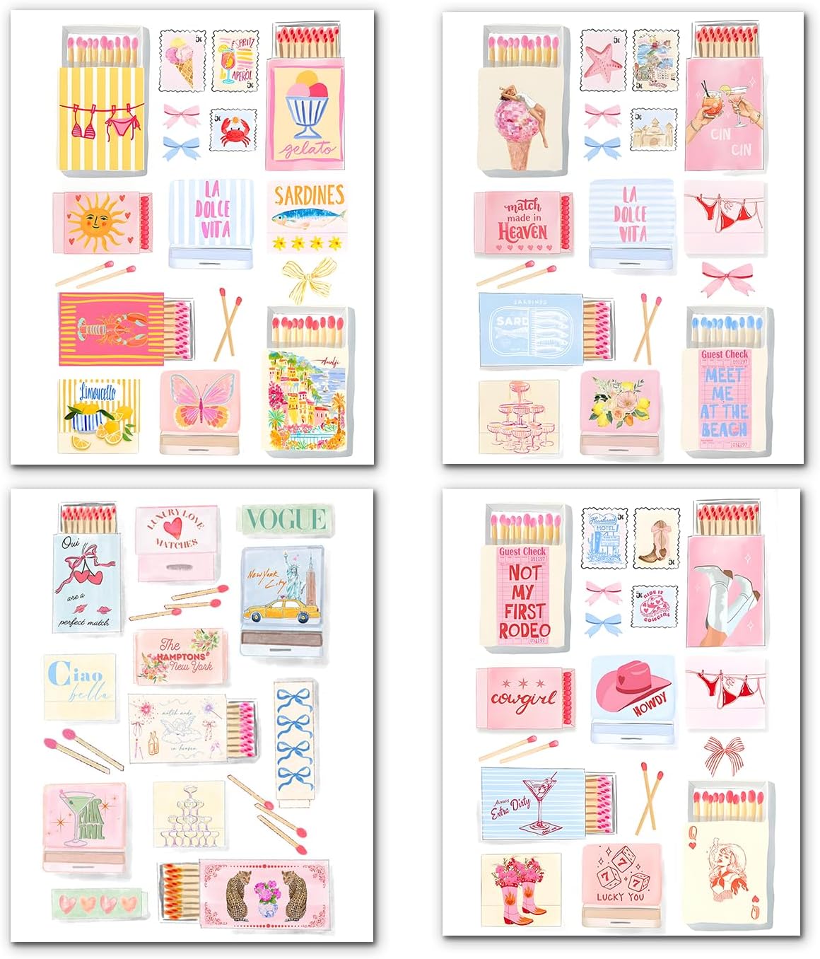 OHDCE Trendy Preppy Retro Wall Art Prints Posters 8x10 Set of 4, Pastel Pink Aesthetic Coastal Cowgirl NYC Fashion Wall Decor Pictures Artwork for Girls Bedroom College Dorm Apartment, Unframed
