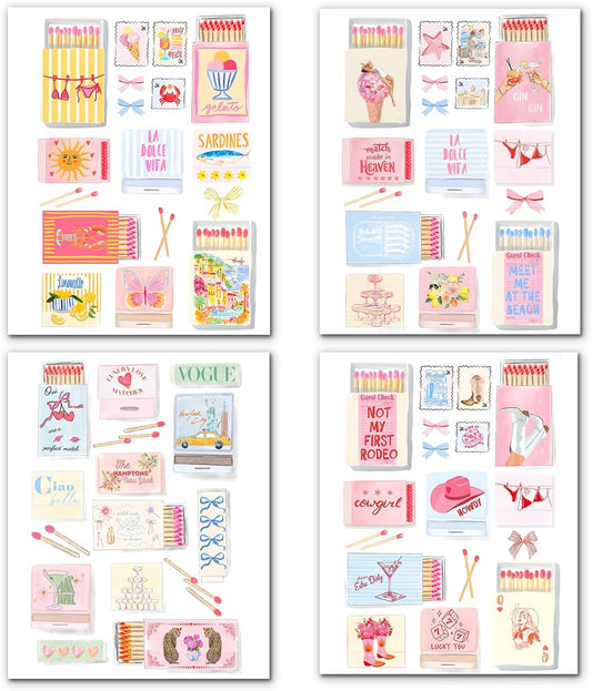 OHDCE Trendy Preppy Retro Wall Art Prints Posters 8x10 Set of 4, Pastel Pink Aesthetic Coastal Cowgirl NYC Fashion Wall Decor Pictures Artwork for Girls Bedroom College Dorm Apartment, Unframed