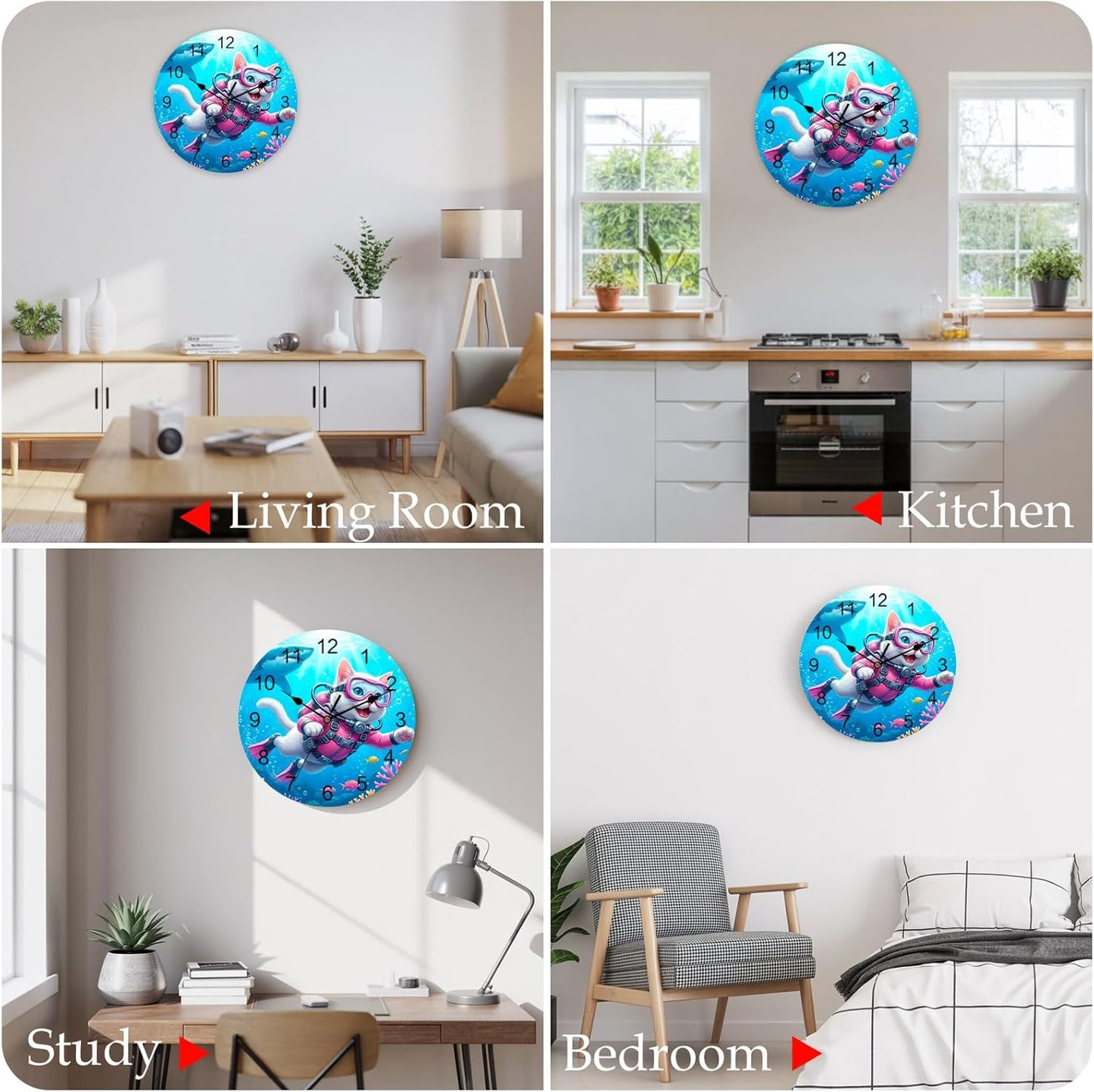 Cute Cat Round Wall Clocks 10 Inch Pink Diving Suit Shark Purple Coral Fish Summer Silent Non-Ticking Battery Operated PVC Clock for Wall Home Decor Kitchen Living Room Bedroom Office