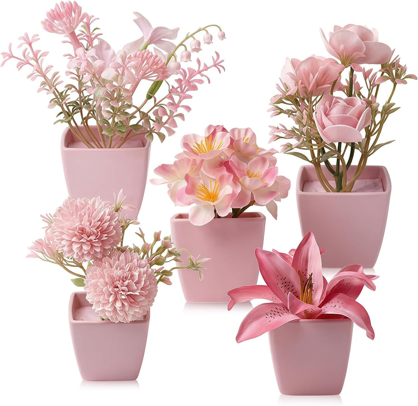 5 Pack Small Fake Plants Pink Artificial Plants Indoor Mini Potted Plant Flowers Set Faux Greenery Pot for Home Bathroom Decor Office Desk Room Shelf Kitchen Living Table Decoration (22736ZH5)