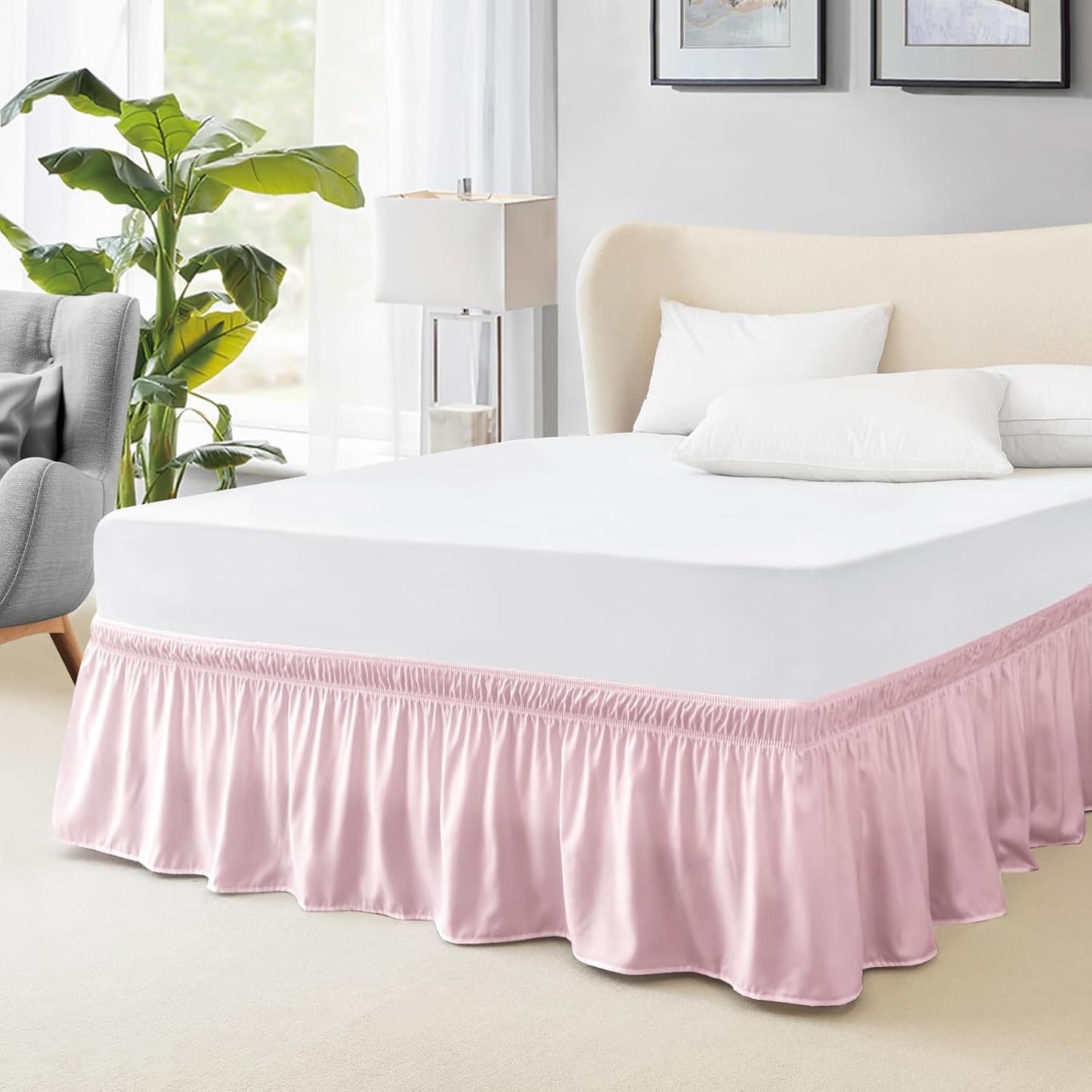 FreshCulture Full Bed Skirt, Elastic Wrap Around Bed Skirt Full Bed, Easy Fit with 15-Inch Tailored Drop, Hotel Quality Dust Ruffle for Full Size Bed, Bed Skirt Full Size (Dusty Pink)
