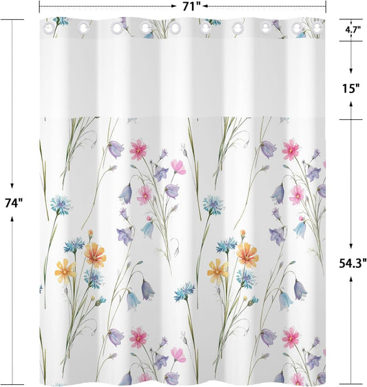 No Hook Floral Shower Curtain and Liner Set 71 x 74 Inch - Watercolor Purple and Pink Flower Pattern, Waterproof Fabric Bath Curtain with Mesh Top for Cottagecore Bathroom Decor