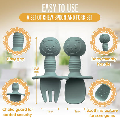 HippoBaby 4pc Silicone Baby Spoons Self Feeding Baby Utensils 6-12 Months - 3 Baby Spoon - 1 Baby Fork - Toddler Cutlery Set - BPA Free, Dishwasher Safe, Baby Eating Essentials (Light pink/Army Green)