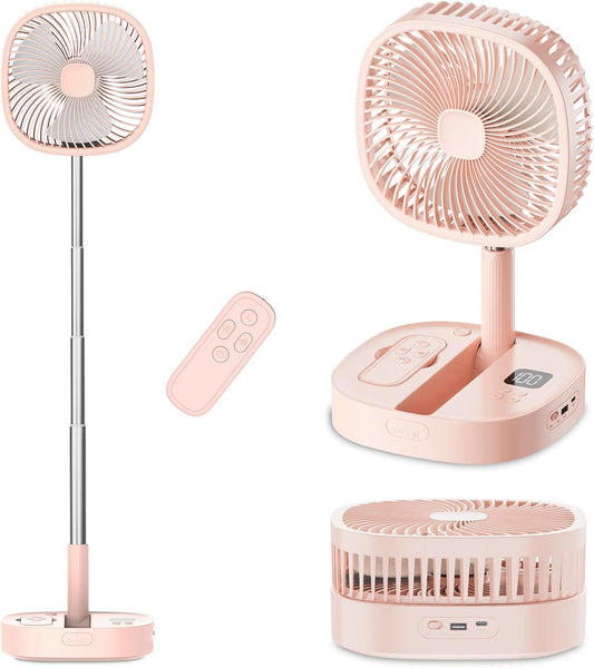 Portable Oscillating Pedestal Fan with Romote, 4 Speed 120° Telescopic Rotation Foldable Standing Collapsible Fans, 7200Mah Rechargeable, Quiet Timer DeskFan for Travel Camping Home, Pink