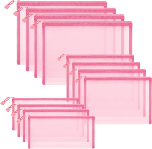 12 Pieces Zipper Nylon Mesh Pouch, Mesh Cosmetic Bags Makeup Bags Pencil Case, Multipurpose Travel Bags for Cosmetic School Office Supplies and Travel Accessories (Light Pink, Assorted Sizes)